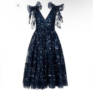 NWT JessaKae “Rhea” Sequin Bow-Shoulder Dress – Navy, Size XS